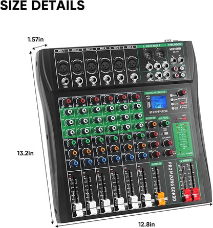 6 Channel Audio Mixer, Professional DJ Mixer Board Sound Music Mixing Console Digital Mixer with Reverb, Bluetooth, USB Port, 48V Phantom Power for Recording Karaoke Podcasting