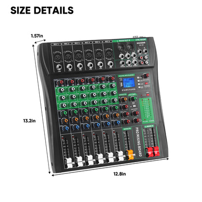 MIZISNR 6 Channel Audio Mixer, Professional DJ Mixer Board Sound Music Mixing Console Digital Mixer with Reverb, Bluetooth, USB Port, 48V Phantom Power for Recording Karaoke Podcasting
