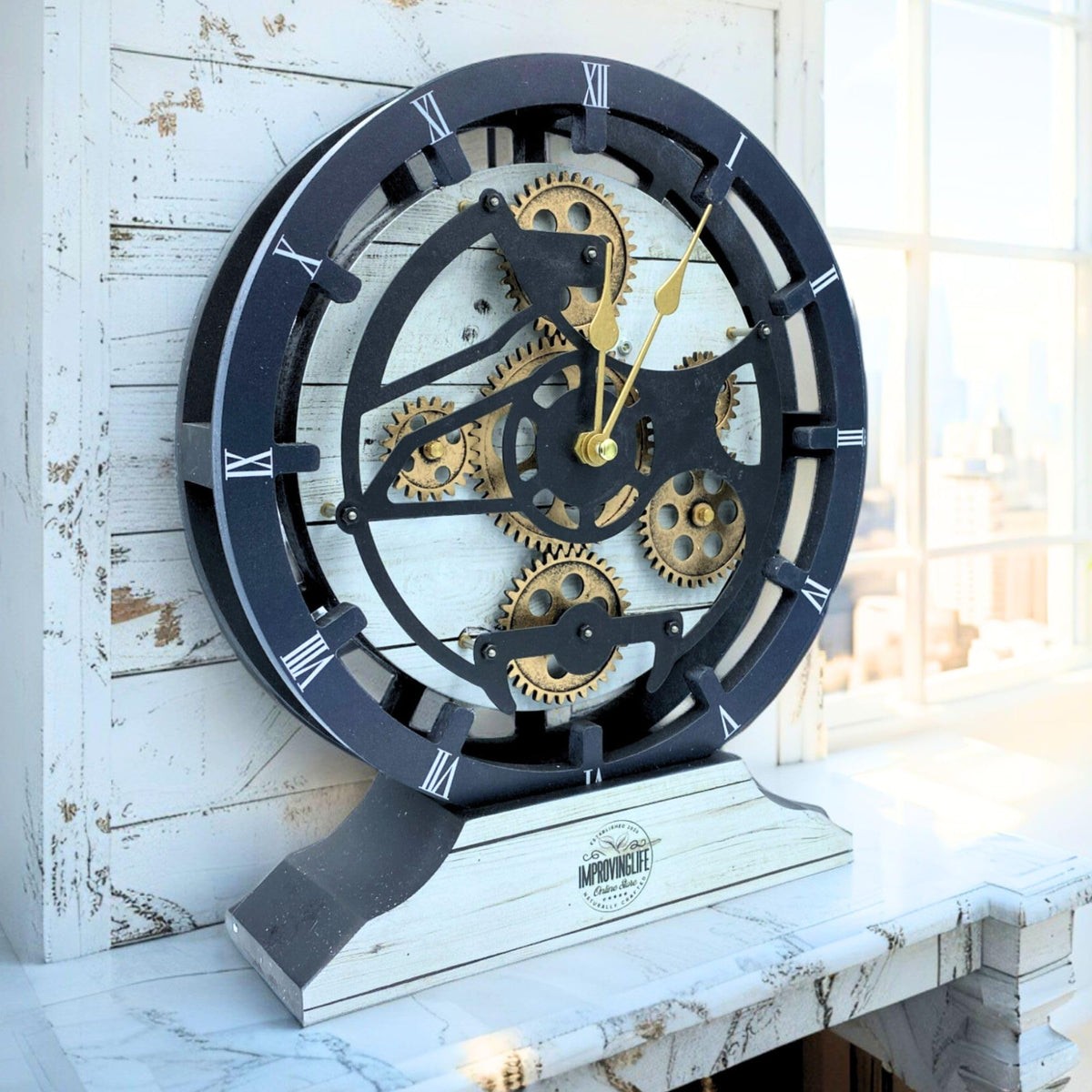 ImprovingLife The Gears Clock Desk Clock 10 inches with Real Moving Gears Convertible into Wall Clock (Silver Glamour)