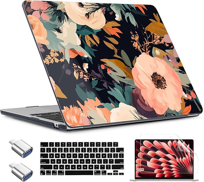 TWOLSKOO Compatible with M4 MacBook Air 15 inch Case 2025-2023 Released Model M4 A3241 M3 A3114 M2 A2941, Plastic Hard Shell & Screen Protector & Keyboard Cover &Type C Adapter, Bright Abstract Flower