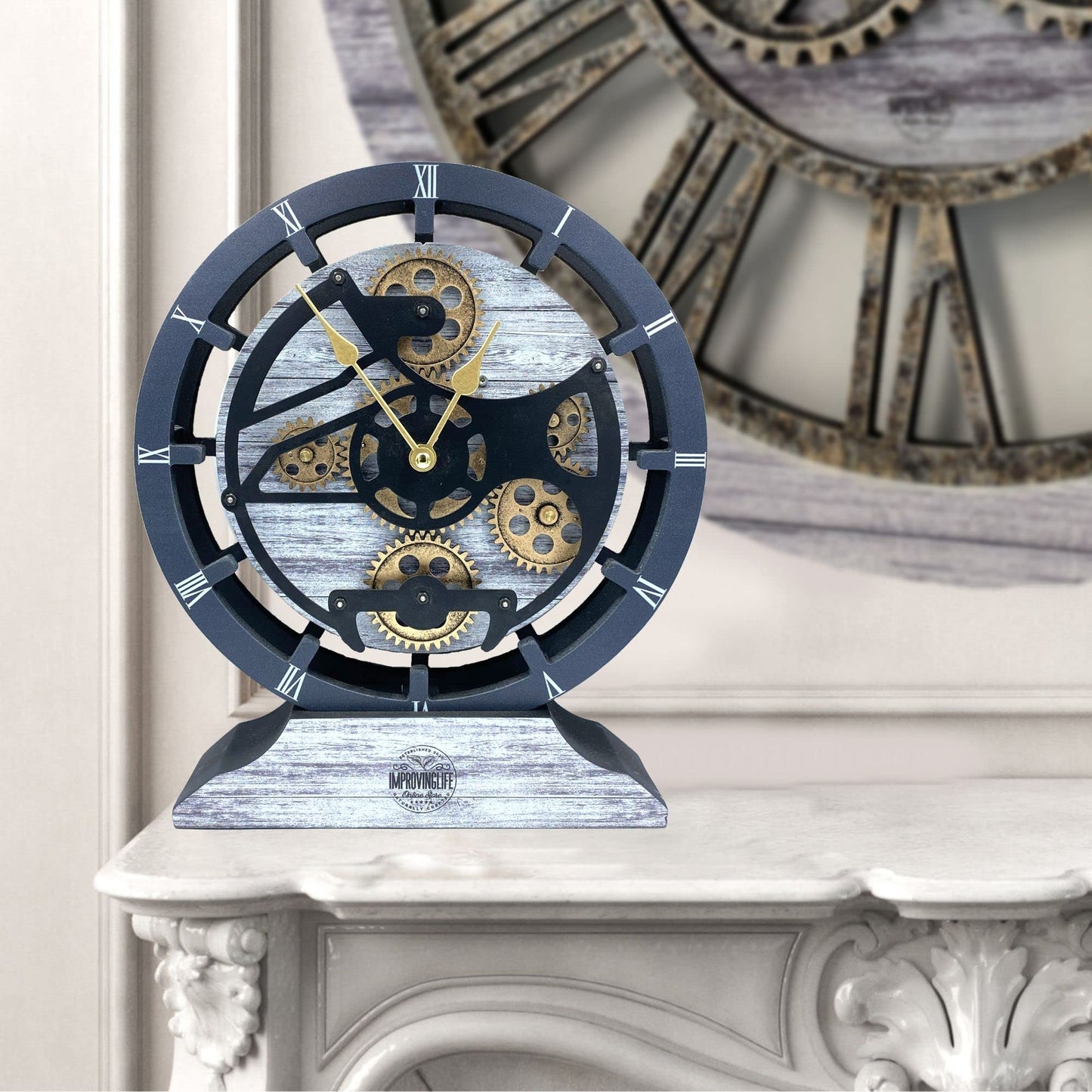ImprovingLife The Gears Clock Desk Clock 10 inches with Real Moving Gears Convertible into Wall Clock (Silver Glamour)