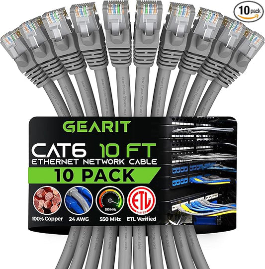 GEARit Cat 6 Ethernet Patch Cable 10 ft Gray (10 Pack) Cat6 Patch Cables 10ft Gray/Ethernet Patch Cable, 10Gbps 550MHz 24AWG Pure Copper, Snagless, Gold Plated RJ45 for Router, Server, Router, PC