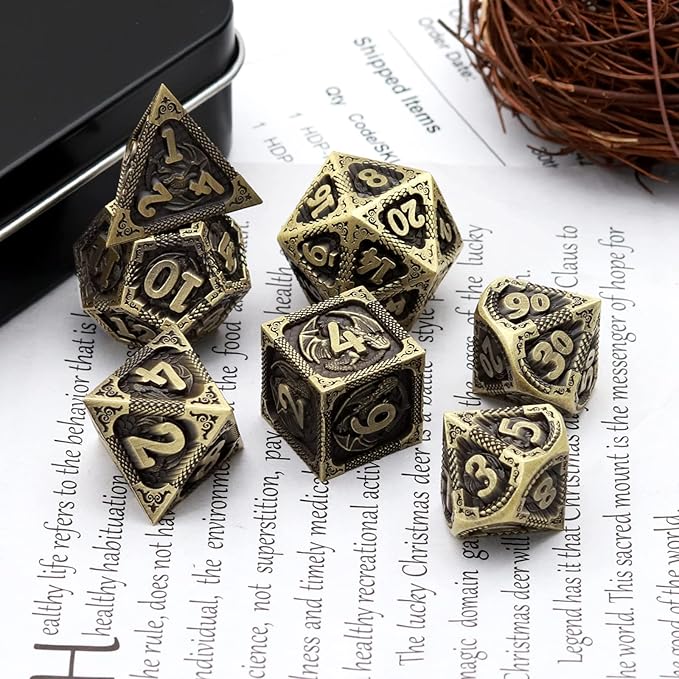 PJOY D&D Dice Set Dragon Metal DND Dice Set Antique Bronze with Case for RPG Role Playing Games Compatible with Dungeons and Dragons Gift TTRPG