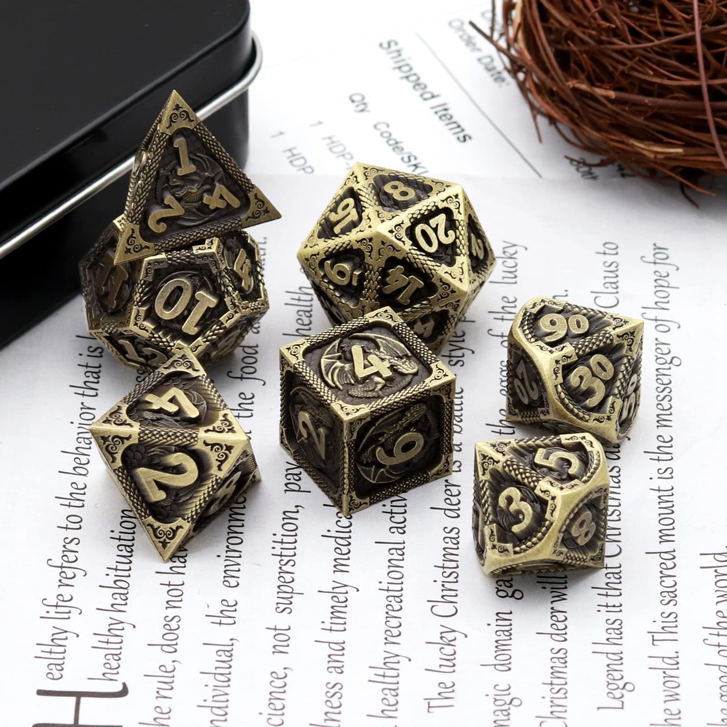 PJOY D&D Dice Set Dragon Metal DND Dice Set Antique Bronze with Case for RPG Role Playing Games Compatible with Dungeons and Dragons Gift TTRPG