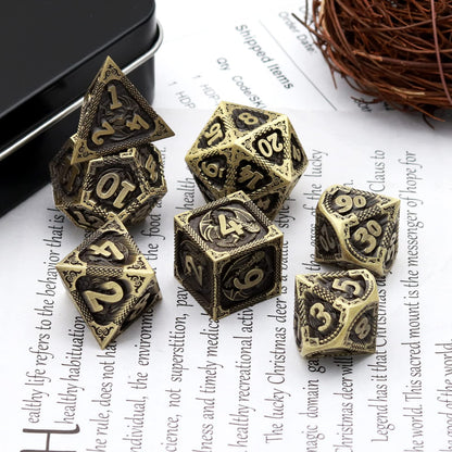 PJOY D&D Dice Set Dragon Metal DND Dice Set Antique Bronze with Case for RPG Role Playing Games Compatible with Dungeons and Dragons Gift TTRPG