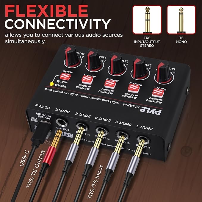 Pyle 4-Channel Wireless Bluetooth 5.0 Line Mixer - USB Audio Interface - 4 Mono/Stereo Inputs - Ultra-Low Noise - High Headroom - Built-in USB-C Sound Card - Compact Metal Chassis - PMAX4