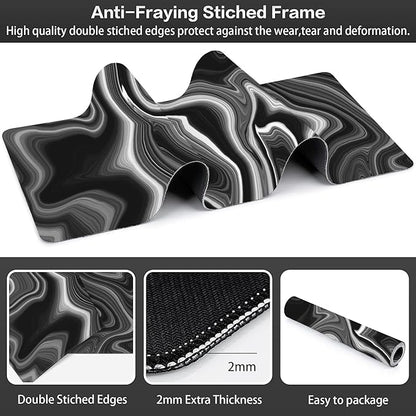Black and White Marble Desk Mat,Large Marble Ink Texture Gaming Keyboard Mouse Pad,Non-Slip Rubber Base Desk Pad Thick Stitched Edges Waterproof Mousepad Mouse Mat 31.5"x11.8"
