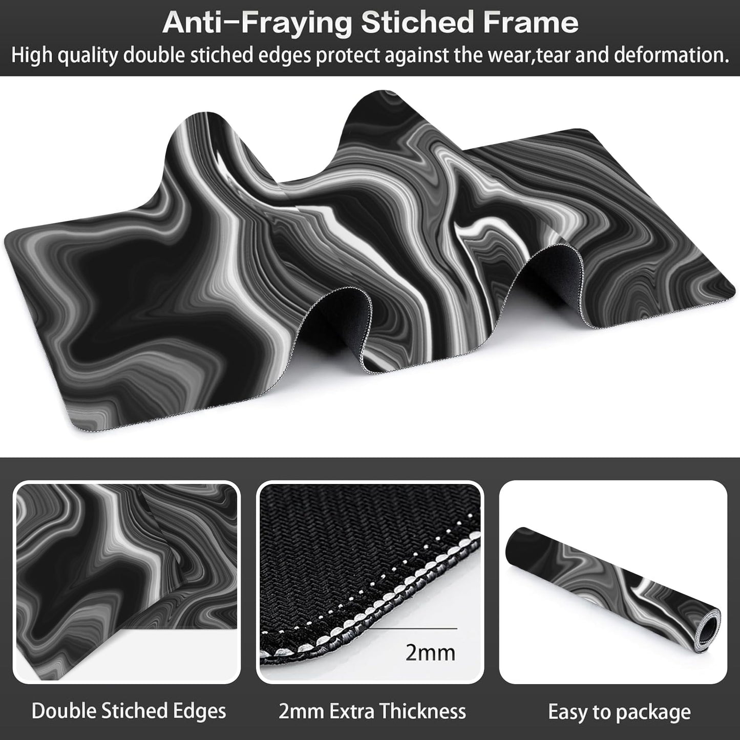 Black and White Marble Desk Mat,Large Marble Ink Texture Gaming Keyboard Mouse Pad,Non-Slip Rubber Base Desk Pad Thick Stitched Edges Waterproof Mousepad Mouse Mat 31.5"x11.8"