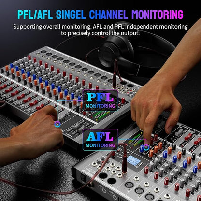 Professional DJ Audio Mixer, 12 Channel Audio Mixer, Bluetooth Sound Mixer, USB Interface, 12 XLR Mic/Line Input, AUX, FX Processor MP3, Headphone,+48V Phantom For Karaoke Studio Streaming Recording