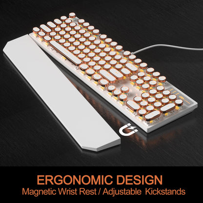 MageGee Typewriter Mechanical Gaming Keyboard, Retro Gold Punk Round Keycaps LED Backlit Wired Keyboards for Laptop MAC PC Gamer, with Magnetic Wrist Rest - Blue Switch