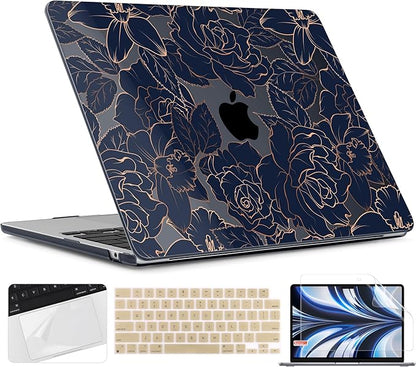 TWOLSKOO for M4 MacBook Air 13.6 inch Case 2025-2022 Release M4 A3240 M3 A3113 M2 A2681, Plastic Hard Shell & Screen Protector & Keyboard Cover & Trackpad Film, Elegant Roses