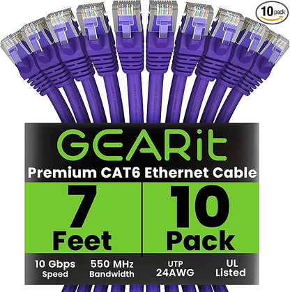 GearIT Cat 6 Ethernet Cable (10-Pack 7 Feet) Cat6 Network Patch, 10Gbps, RJ45, Snagless Cord, Gold-Plated Connectors, Internet for PC, TV, Tablet, Router, Printer, Servers, IT Data Center - Purple