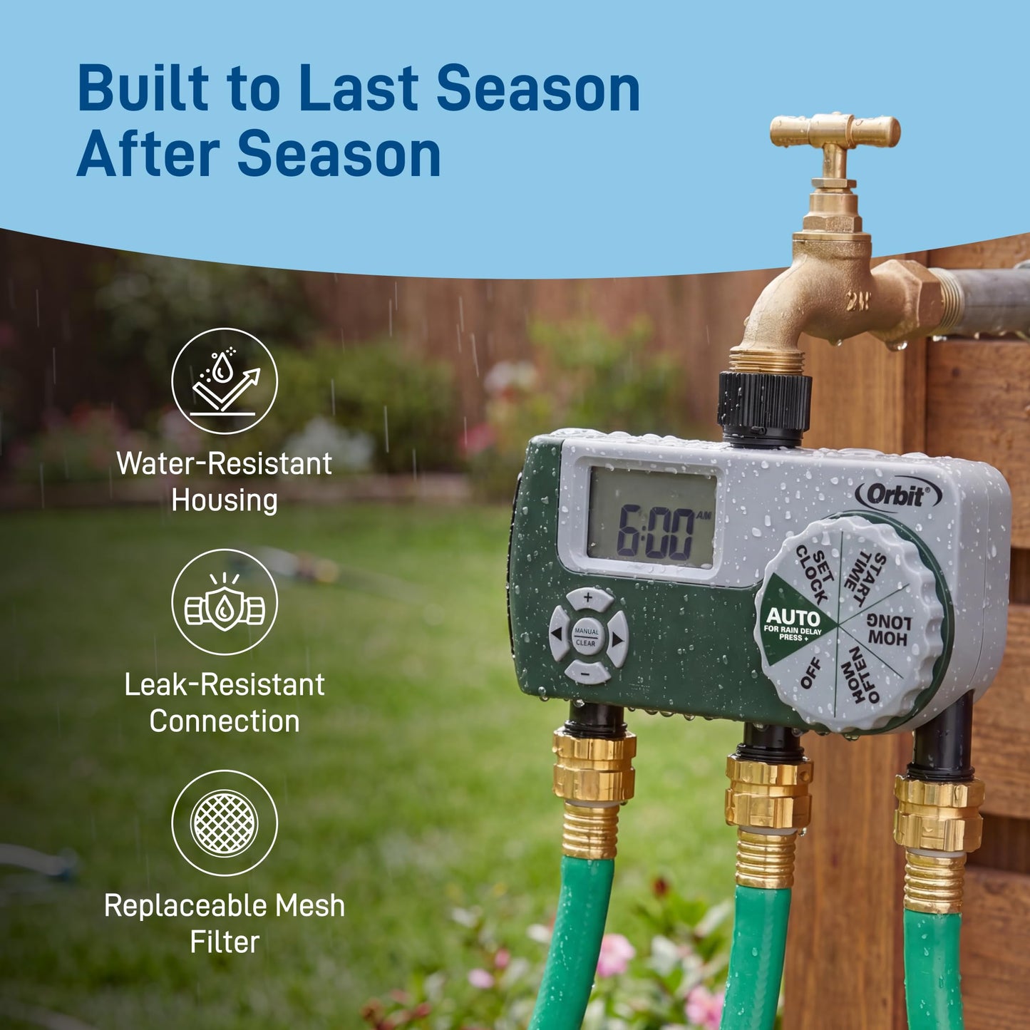 Orbit Programmable Digital Hose Watering Timer - 3 Outlet - Battery Powered - with LCD Screen - Built-in Rain Delay - Water-Resistant - 56082