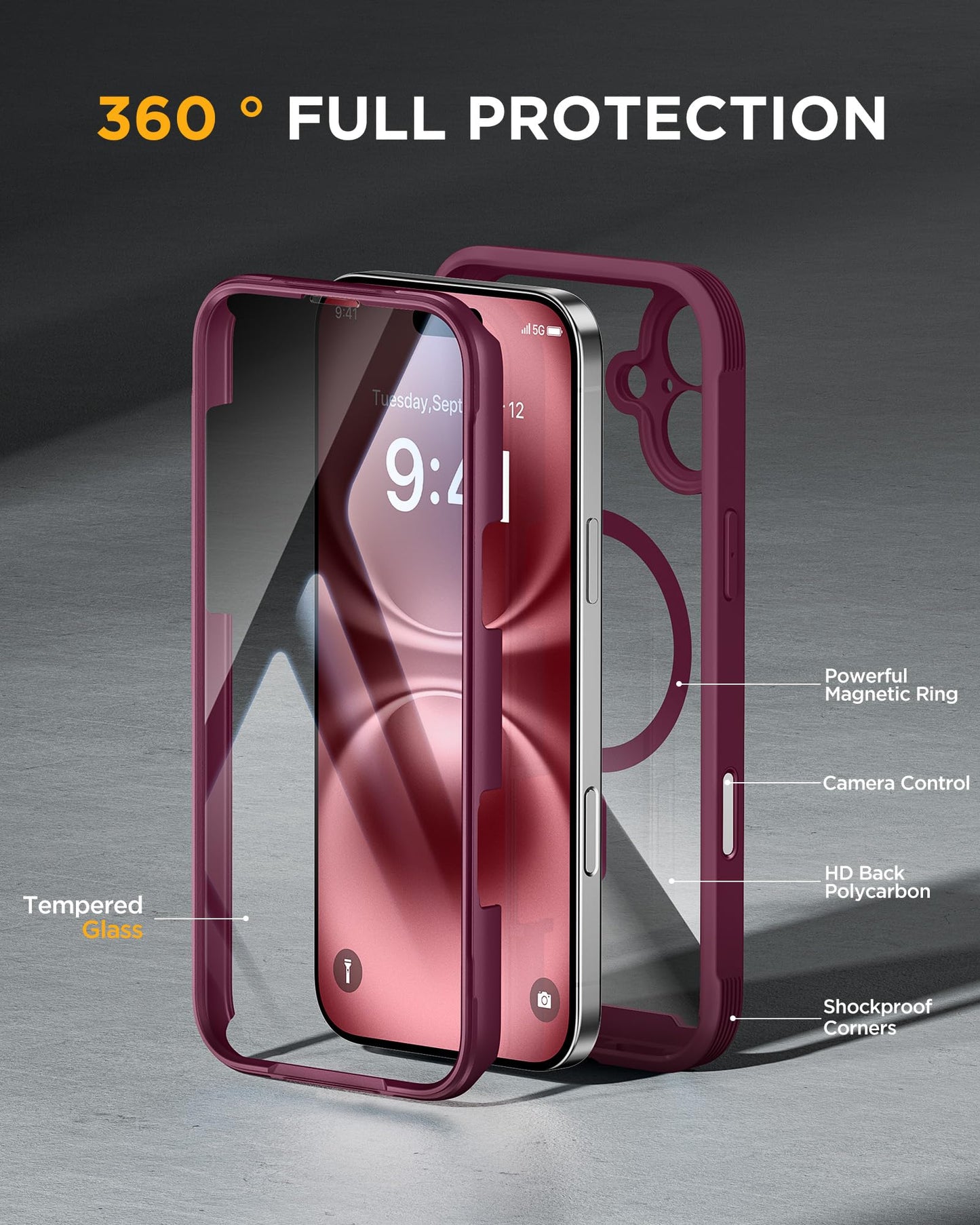 Miracase for iPhone 16 Case 6.1'', [Bubble Free] Full-Body Bumper Phone case with Built-in Full Glass Screen &Lens Protector,No Gap,Compatible with MagSafe,Drop Proof 16 Cover, Plum
