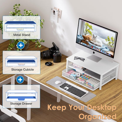 OPNICE Computer Monitor Stand Riser, Desk Organizer with Drawer, Printer & Laptop Stand, Office Desk Accessories & Workspace Desktop Organizers Storage for Office Supplies(White)