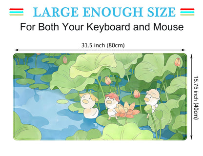 Green Cute Anime Desk Mat Kawaii Cartoon Ducks Gaming Mouse Pad XXL Large Anime Girl Gamer Mousepad Women Office Decor Desk Pad Aesthetic Lotus Leaf Laptop Keyboard Pad Computer Mat 31.5x15.75 in