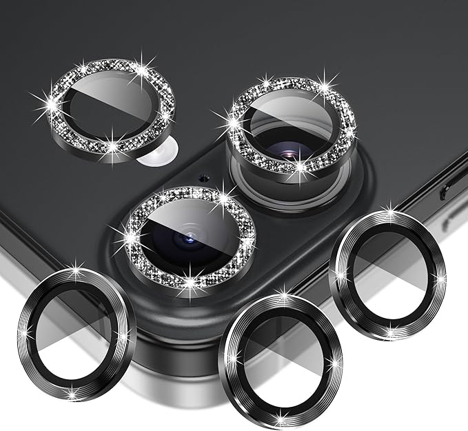 AGVEE 3+3 6 Pack for iPhone 16 6.1" / 16 Plus 6.7" Camera Lens Cover Protector, Bling Glitter & CD-Textured Metal Ring 9H Tempered HD Glass Camera Cover Protector Film, Glitter-Black
