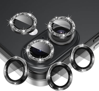 AGVEE 3+3 6 Pack for iPhone 16 6.1" / 16 Plus 6.7" Camera Lens Cover Protector, Bling Glitter & CD-Textured Metal Ring 9H Tempered HD Glass Camera Cover Protector Film, Glitter-Black