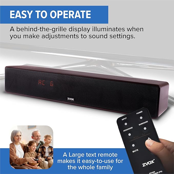 ZVOX Dialogue Clarifying Sound Bar - Patented Hearing Technology, AccuVoice TV Sound Bar with 12 Levels of Voice Boost, 17" Home Theater TV Speakers, Ideal for Smart TVs - AV157 Espresso