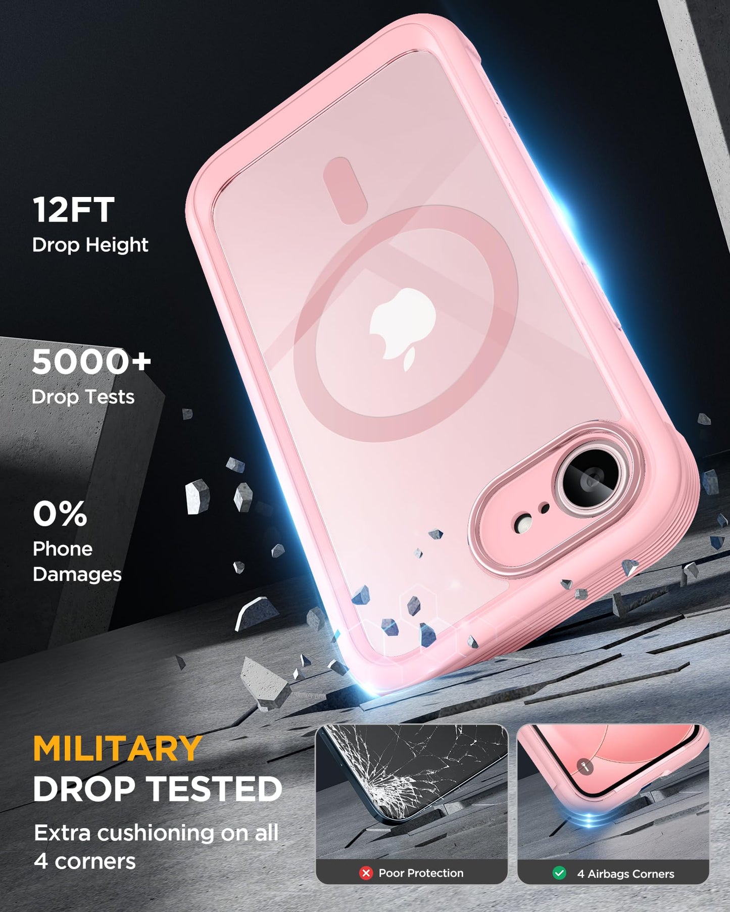 Miracase for iPhone 17e Case & iPhone 16e Case, Full-Body Phone with Built-in Glass Screen Protector, [Magnetic with MagSafe] Military Drop Proof 17 E/ 16 E Cover Bumper 6.1 inch, Pink