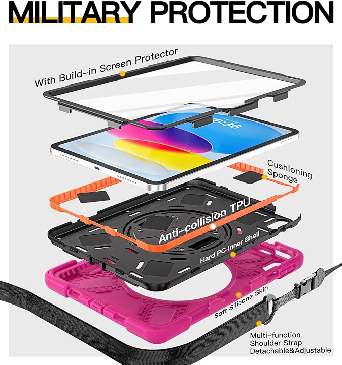 BRAECN for iPad (A16) 11th/10th Generation case 11/10.9 inch 2025/2022 Heavy Duty Shockproof Protective with Pencil Holder Screen Protector 360°Rotating Stand Handle & Shoulder Strap Full Body Cover