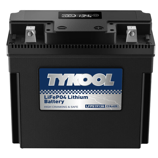 TYKOOL LFP51913G Lithium Motorcycle Battery, Replaces 51913 YT19BL-BS 51814, 420CCA 7Ah, Fits for BMW R1100GS R1100RT R850R K75RT K1200RS Moto Guzzi California 1100, IP66, LCD Monitor [- +]