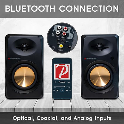 Prosonic BT30(2023 Version) Active Powered Bluetooth Bookshelf Speakers, Studio Monitor, Home Theater, Turntable with Optical Input, Coaxial Input, 2X RCA Aux Line Input, 80 Watts, (Black)