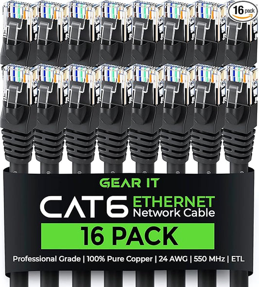 GEARit Cat 6 Ethernet Patch Cable 3 ft Black (16 Pack) - Cat6 Patch Cables 3 ft Black/Ethernet Patch Cable, 10Gbps 24AWG Pure Copper, Snagless RJ45 for Router, Switch, PC, PS5, Server