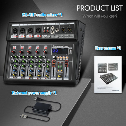 6-Channel Audio Mixer for PC, SX-6iu Mixing Console with XLR Inputs, Bluetooth, 99 Digital Signal Processor Effects, USB Interface, MP3 Compatible for Podcast, Music, Recording 9.84"x2.17"x12.6"inches