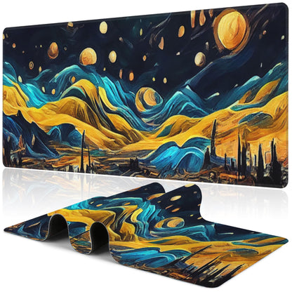 The Starry Night Desk Mat,Large Vincent Van Gogh Oil Painting Gaming Keyboard Mouse Pad,Non-Slip Rubber Base Desk Pad Thick Stitched Edges Waterproof Mousepad Mouse Mat 31.5"x11.8"