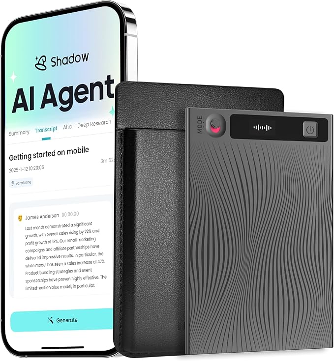 Mobvoi TicNote AI Voice Recorder 64GB Memory Note Recorder w/Case App Control 100+Languages Transcribe Summarize with AI Shadow Digital Audio Recorder for Phone Calls Lectures Meetings Interviews