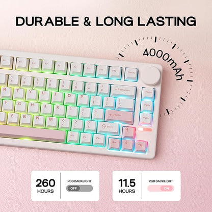 EPOMAKER QK81 75% Wireless Mechanical Gaming Keyboard, QMK/VIA Programmable and Hot-Swappable, 81 Keys with Metal Knob, 2.4Ghz/BT/USB, Creamy Gasket-Mount, RGB Backlight (White, Wisteria Switch)