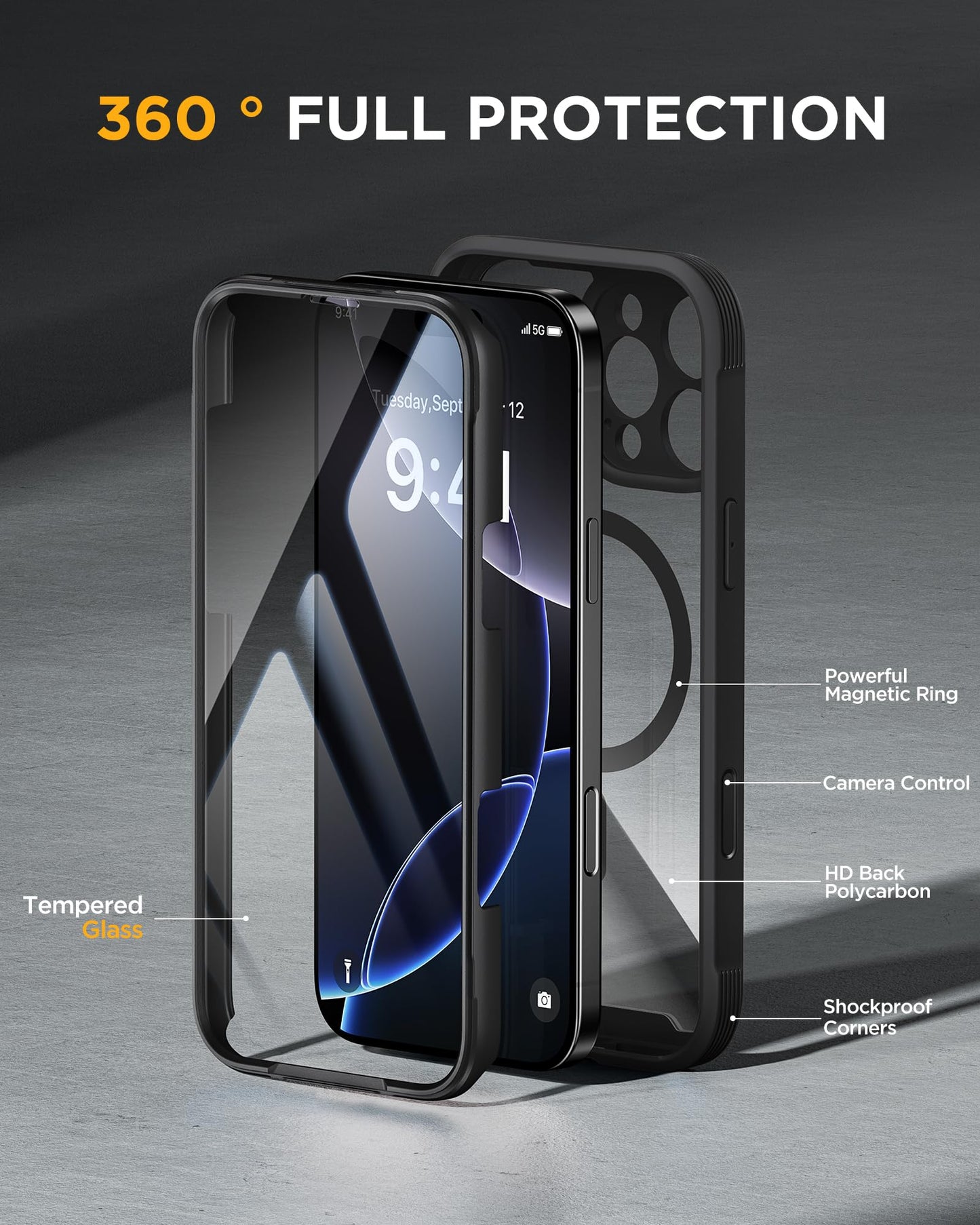 Miracase Magnetic for iPhone 16 Pro Case Full-Body Phone with Built-in Glass Screen Protector, [Compatible with MagSafe] Military Drop Proof 16 Pro Cover Bumper 6.3 inch, Black