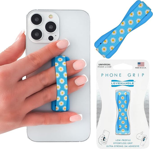 LOVEHANDLE Universal Phone Grip for Smartphones & Mini Tablets - Phone Holder for Hand - Wireless Charging Compatible - Made in the USA - Blue Happy Daisy