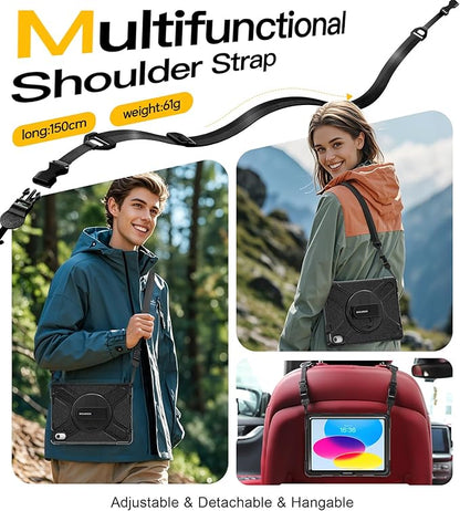 BRAECN for iPad (A16) 11th/10th Generation case 11/10.9 inch 2025/2022 Heavy Duty Shockproof Protective with Pencil Holder Screen Protector 360°Rotating Stand Handle & Shoulder Strap Full Body Cover