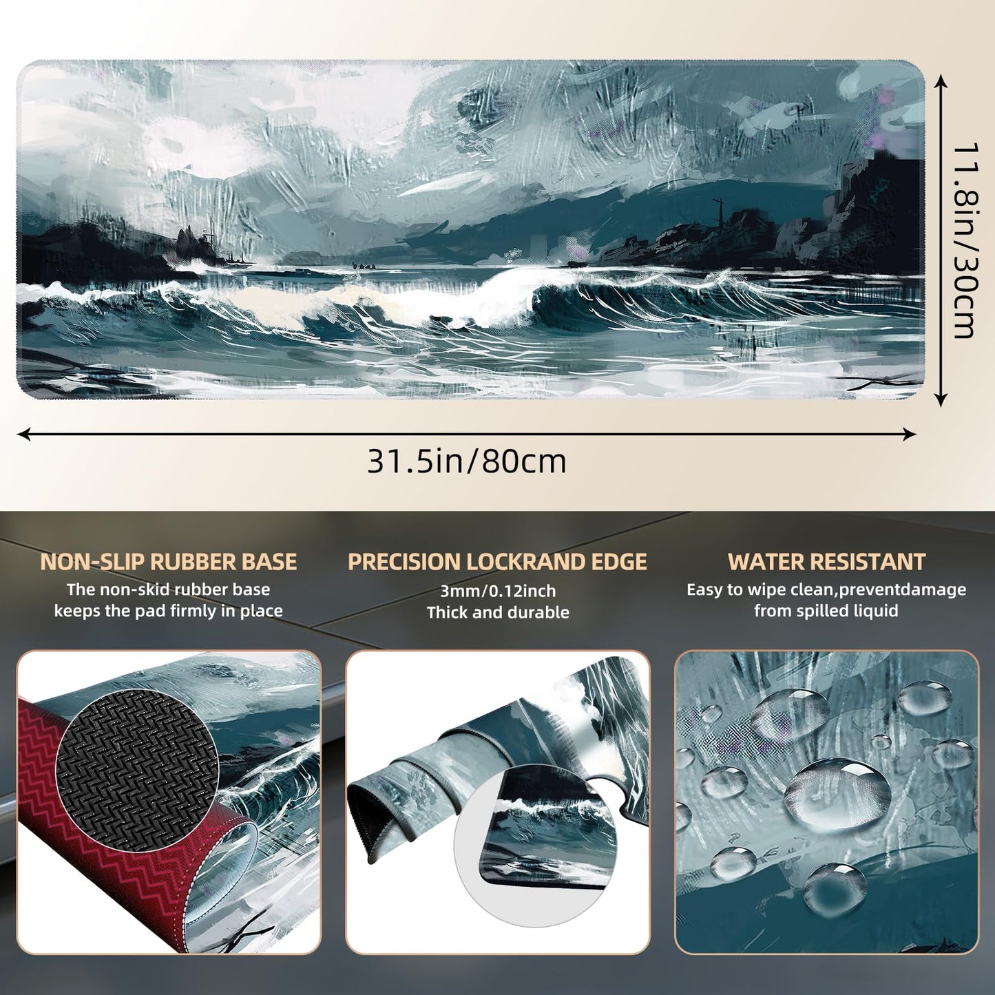 Galdas Gaming Mouse Pad XXL XL Large Long Extended Big Mousepad Non-Slip Rubber Keyboard Mouse Pad with Stitched Edges for Laptop Home Office (31.5x11.8x0.08 Inch) … (Ink Painting)