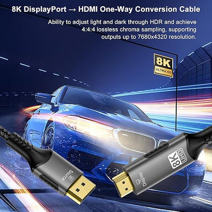 FDBRO 8K DisplayPort to HDMI Cable Active 8K@60Hz 4K@120Hz 32.4Gbps, Uni-Directional, DP 1.4 to HDMI 2.1 Cord Support HDR/HDCP 2.2/DSC 1.2 for Gaming Monitor, TV, PC (Gray & Black, 1M (3.3FT))