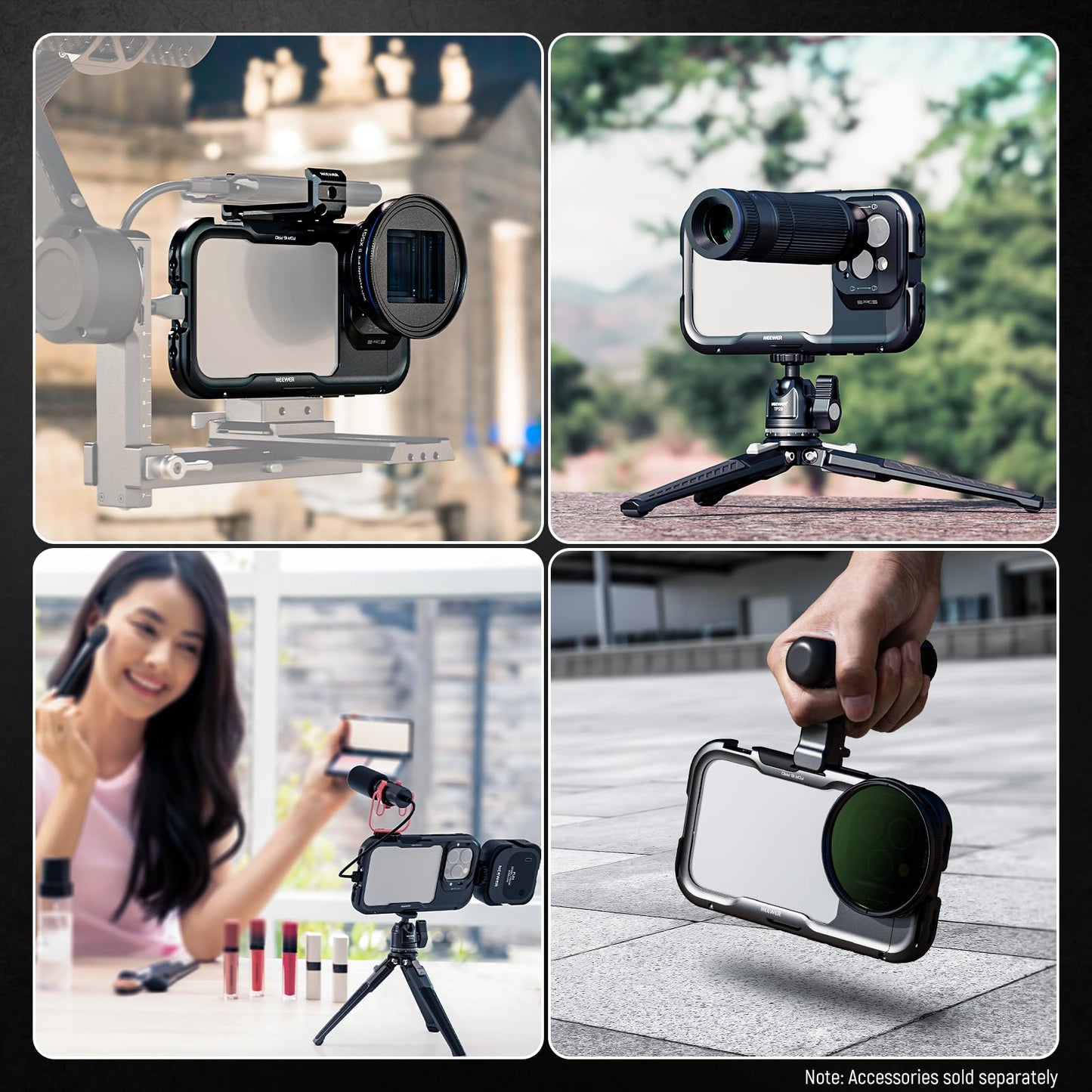 NEEWER 16 Pro Cage, Quick Release Video Rig Phone Stabilizer Compatible with iPhone 16 Pro with 67mm Filter Adapter, 17mm Lens Backplate, T Mount Lens Adapter Compatible with Moment, PA073