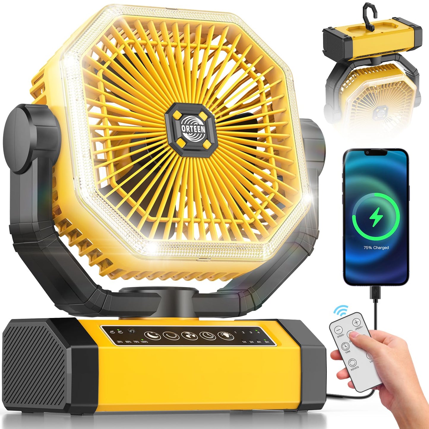 Battery Powered Fan - 9-Inch Rechargeable Fan Portable, 24000mAh(60Hrs) Camping Fans for Tent, Auto Oscillation Cordless, Tent Fans for Camping with Remote/light, 4 Speeds, 4 Timing, Outdoor, Yellow