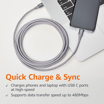 Amazon Basics USB C to USB C Cable Charger Cable, Nylon Braided Cord, 480Mbps Speed, USB-IF Certified, for Apple iPhone 16/15, iPad, Samsung Galaxy, Tablets, Laptops, 10 Foot, Dark Gray