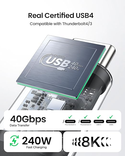 Silkland USB 4 Cable for Thunderbolt 4 Cable 4FT, 40Gbps Data Sync, 8K/6K@60Hz, 240W Charging, [USB-IF Certified] USB C to USB C Thunderbolt Cable, Compatible for MacBook, SSD, Docking, iPhone 16,eGPU