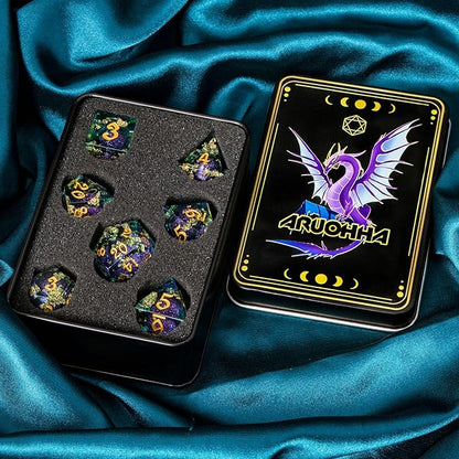 ARUOHHA Liquid Core DND Dice Set, 7pcs Resin Sharp Edged Dragons Dice RPG Role Playing Games, Purple Blue Polyhedral Dungeons D and D Dice with Gift Box D20 D12 D10 D8 D6 D4
