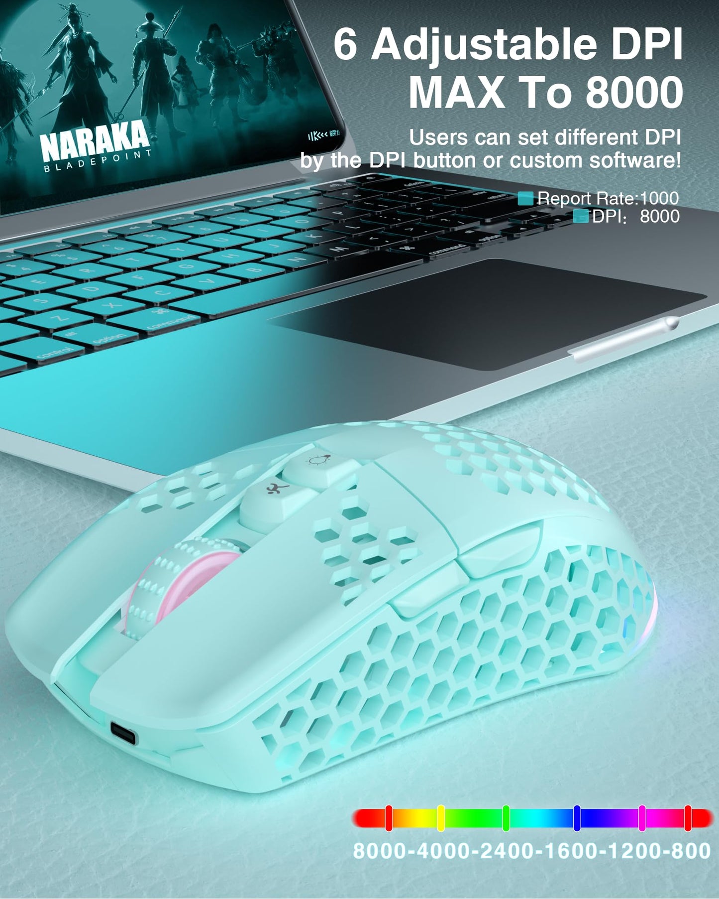 SOLAKAKA SM600 Honeycomb Shell Gaming Mouse Wireless,8000 DPI Tri-Modes BT5.1/2.4G Wireless/Type-C Wired Gamer Mouse with 2 Side Buttons, Macro Programmable and RGB Light for PC/Mac/Laptop,Green