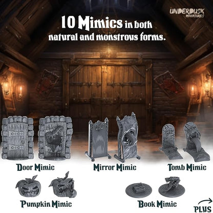 Underdusk: Monsters, Mimics, & Mysteries - 34 Unpainted Miniatures for D&D & Tabletop Gaming | Frightful Creatures and Disguised & Monstrous Mimics with Stat Blocks