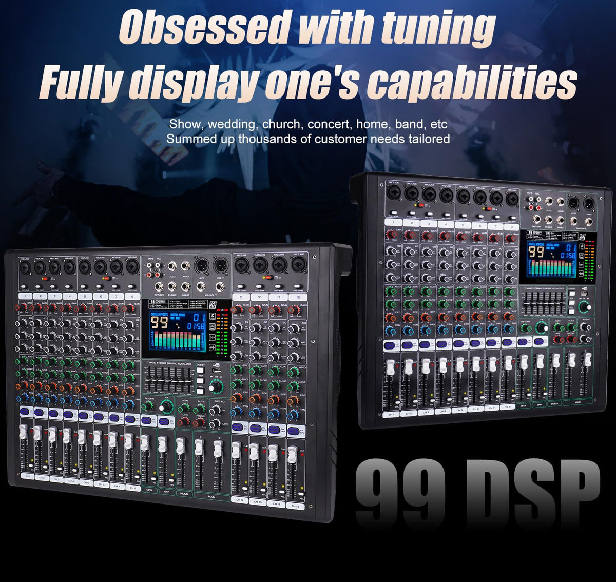 Doslnlya GF8 Pro Multi functional 8-channel Audio Mixer, Bluetooth DJ Mixing Console -7-level Stage Equalizer, 99 Sound Effects, Stage Independent Mute, Karaoke, Wedding Scene, Party DJ Mixer