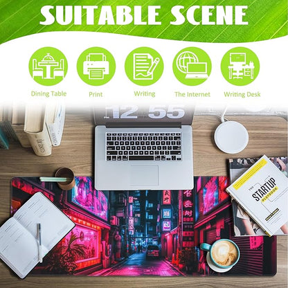 Desk Mat,Japanese Anime Neon Street Desk Pad,Anime City Large Gaming Mouse Pad for Desk,Extended Big Computer Keyboard Mouse Pad with Non-Slip Base and Stitched Edge,31.5"x11.8"