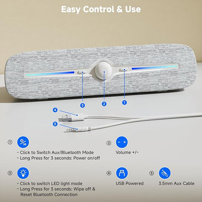 SOULION R90 Bluetooth Computer Speakers for Desktop, USB Powered 3.5mm AUX PC Speakers with LED Dynamic Light, Portable Soundbar Speaker with Rotary Volume Control for Laptop Monitor, White