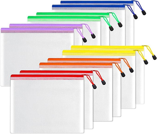 SUNEE Plastic Mesh Zipper Pouch 6.8x9.2 in (6 Colors, 12 Packs), Small Water-Resistant Zip Bag for School Office Supplies, Pencil Organizing Storage