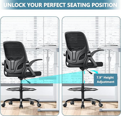 Tall Drafting Chair with Footrest Ring for Home and Work, Ergonomic Home Desk Office Chair with Flip up Arms and Lumbar Support, Extended Height Executive Desk Office(Black)