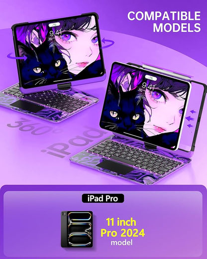 Intermerge Clear Keyboard Case for iPad Pro 11" (M4) 2024 Only, 360° Swivel Multi-Touch Trackpad, 7-Color RGB Backlit, Pencil Holder, Type-C, Power Indicator, Neon Pulse
